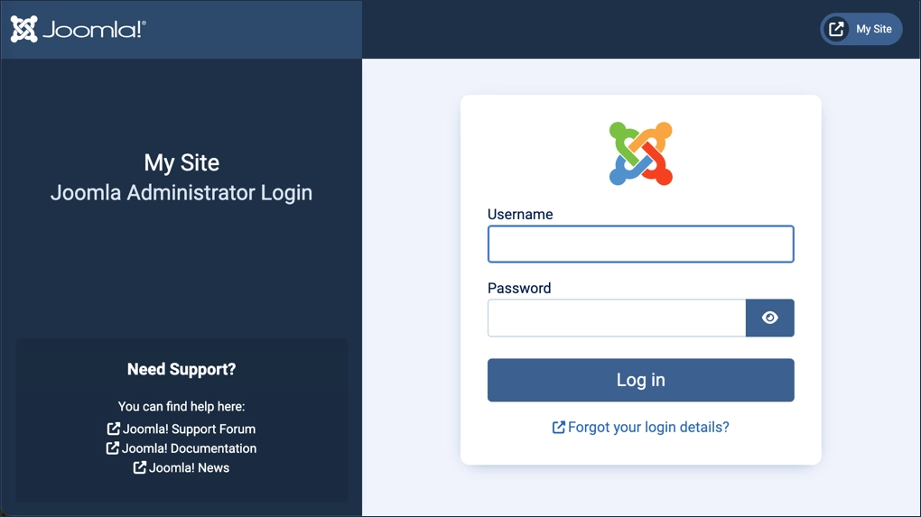 Screenshot of the administrator login screen showing username, password, and login button