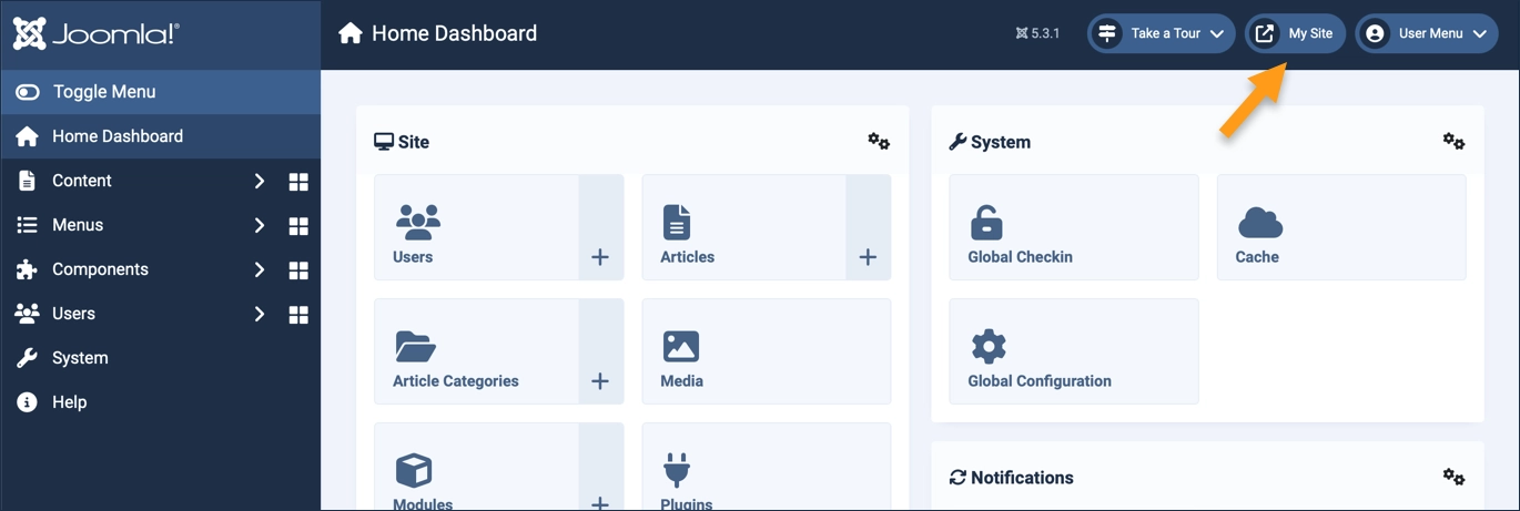 Screenshot of the admin dashboard highlighting the open-frontend link