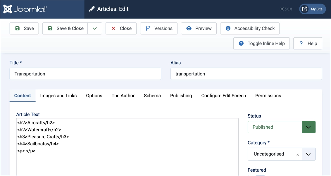 Screenshot of the html displayed showing heading tags