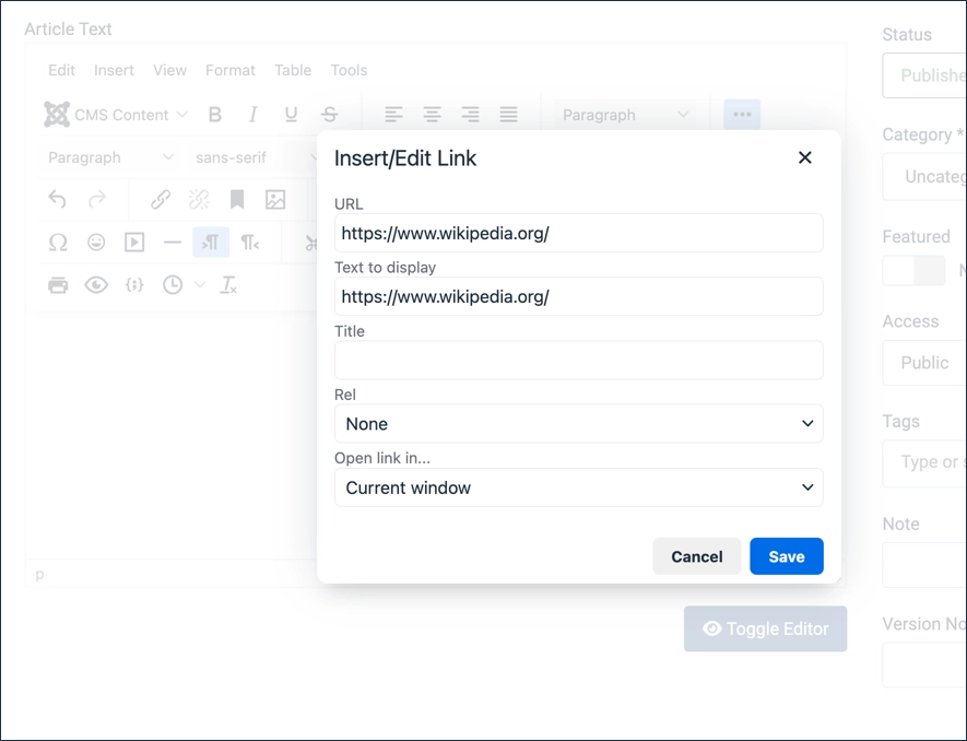 Screenshot of the insert/edit link form