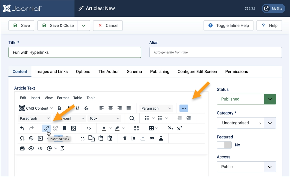  Screenshot highlighting the link icon on the expanded toolbar