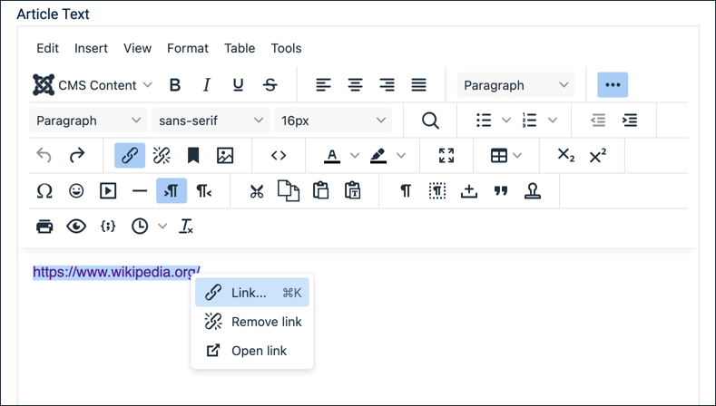 Screenshot showing the link context menu