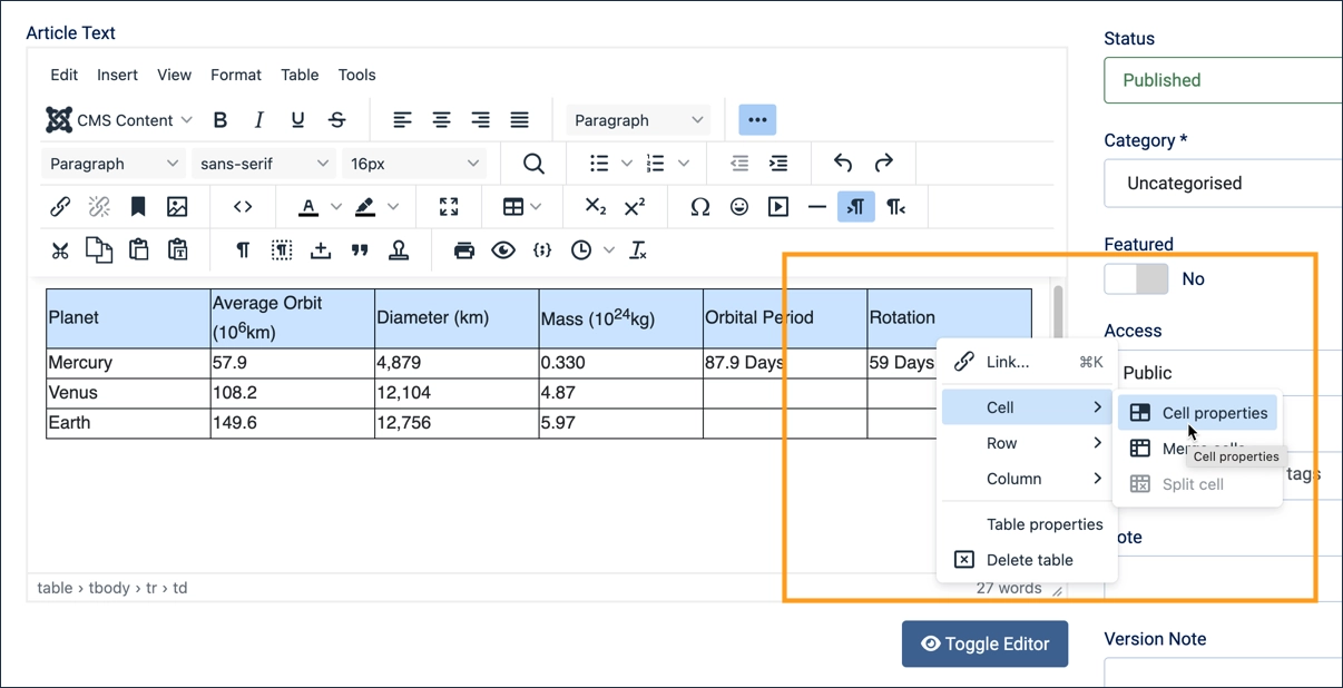 Screenshot of the cell properties form