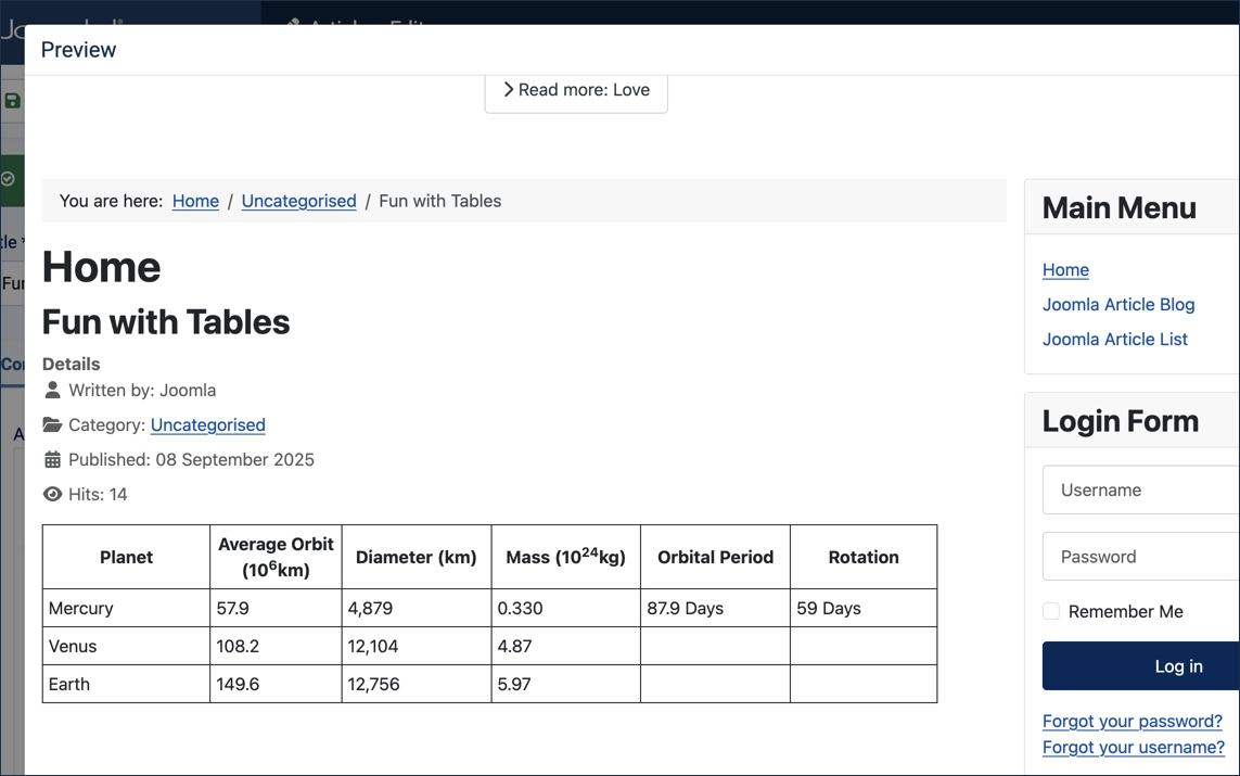 Formatted table being previewed showing header row in bold, cell borders, and cell padding