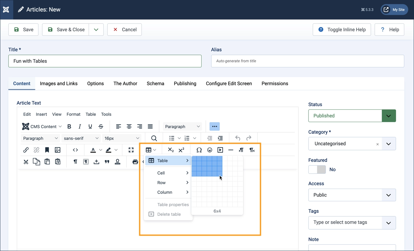 Screenshot of table selection grid