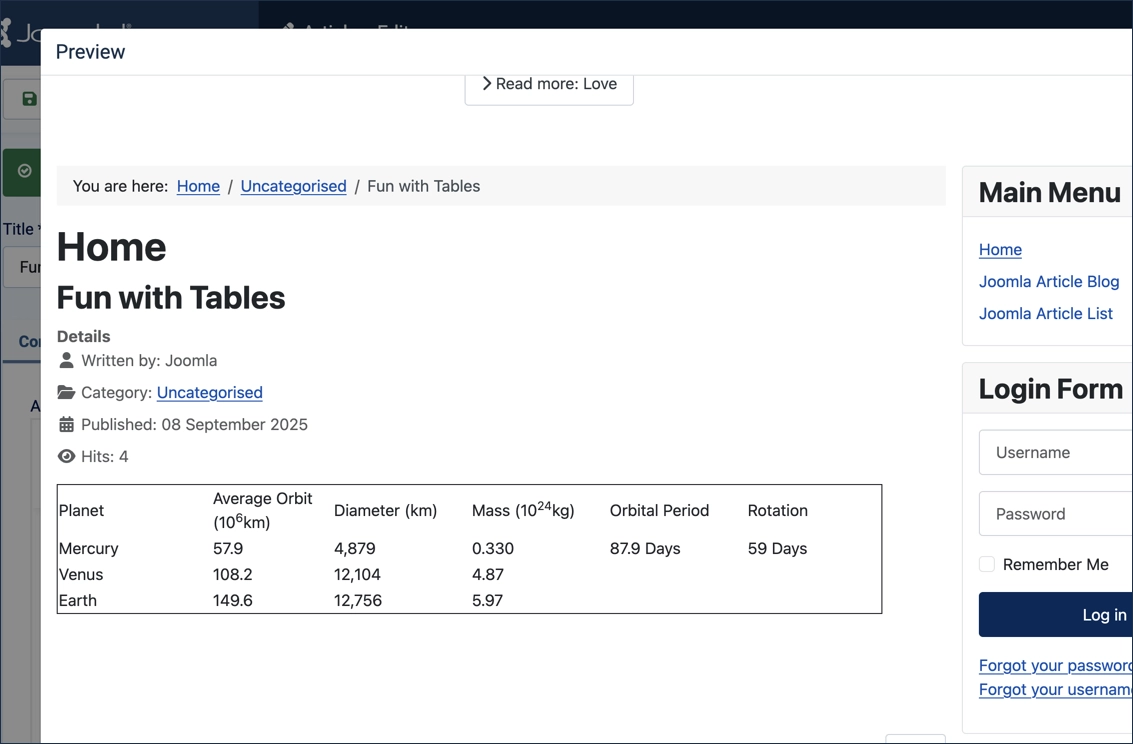 Screenshot of previewing the table displays an unformatted table.