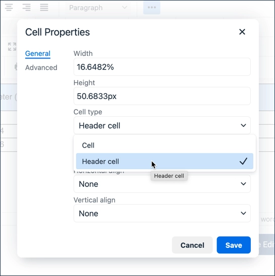 Screenshot of the cell formatting form with header cell being applied