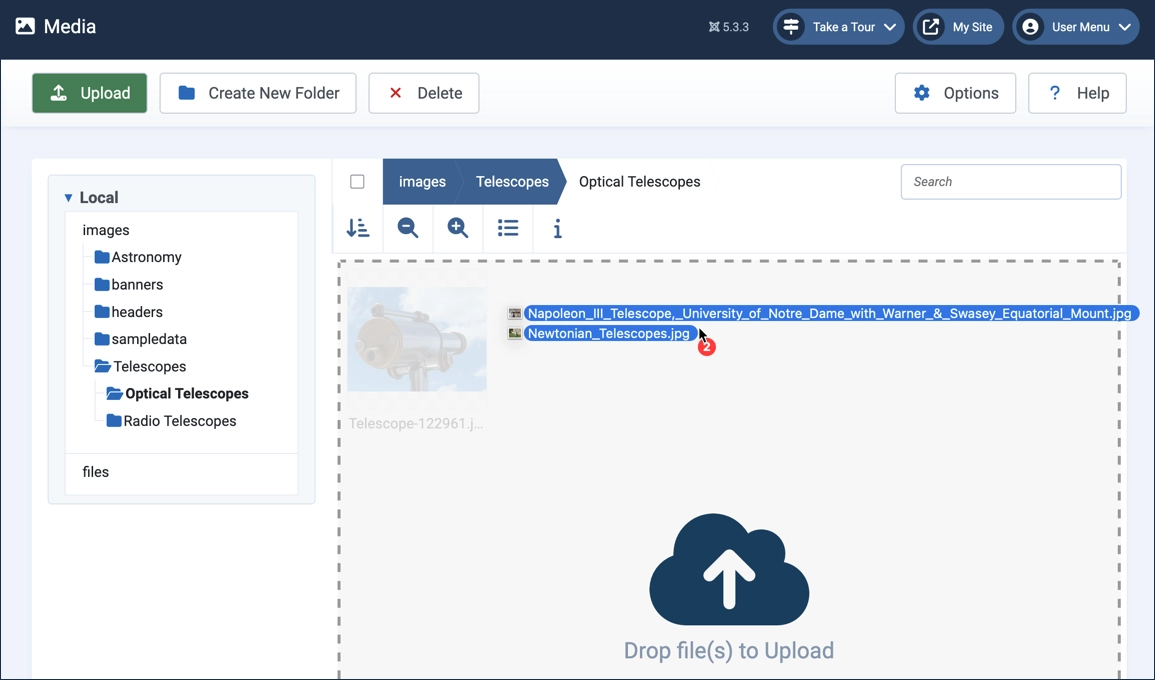 Drag and drop images into the optical telescope folder