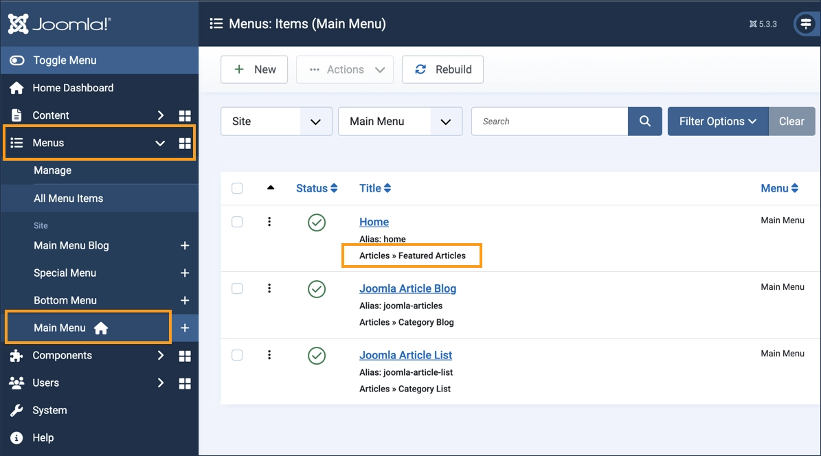 Screen shot of the main menu items emphasizing that the home item is a Featured Article type