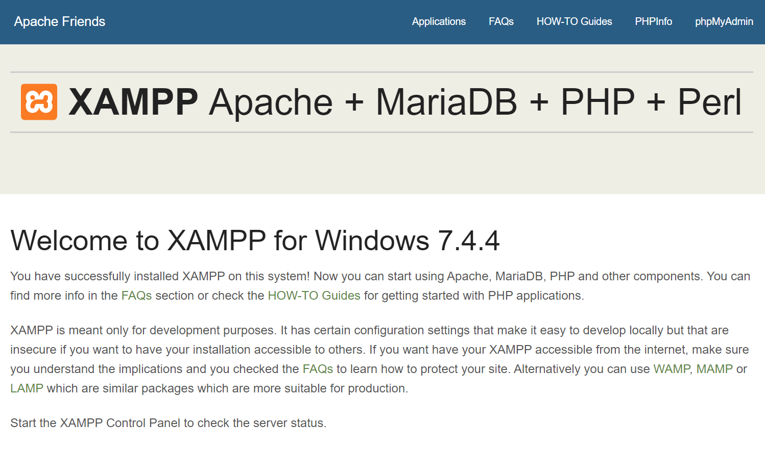 The xampp start page