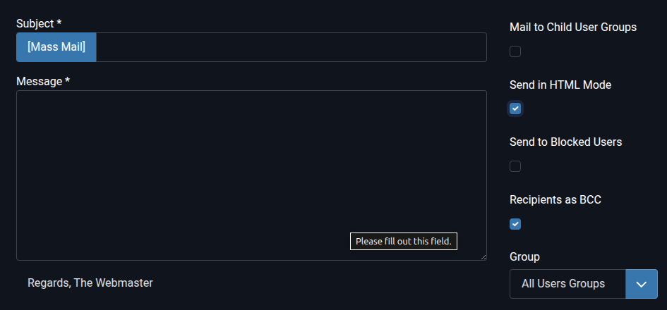 Mass Mail Users Editor Mass Mail Users Editor