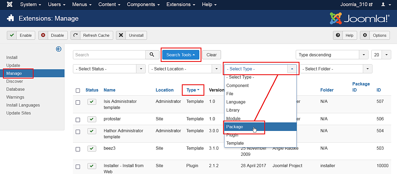 The main Manage Extensions page