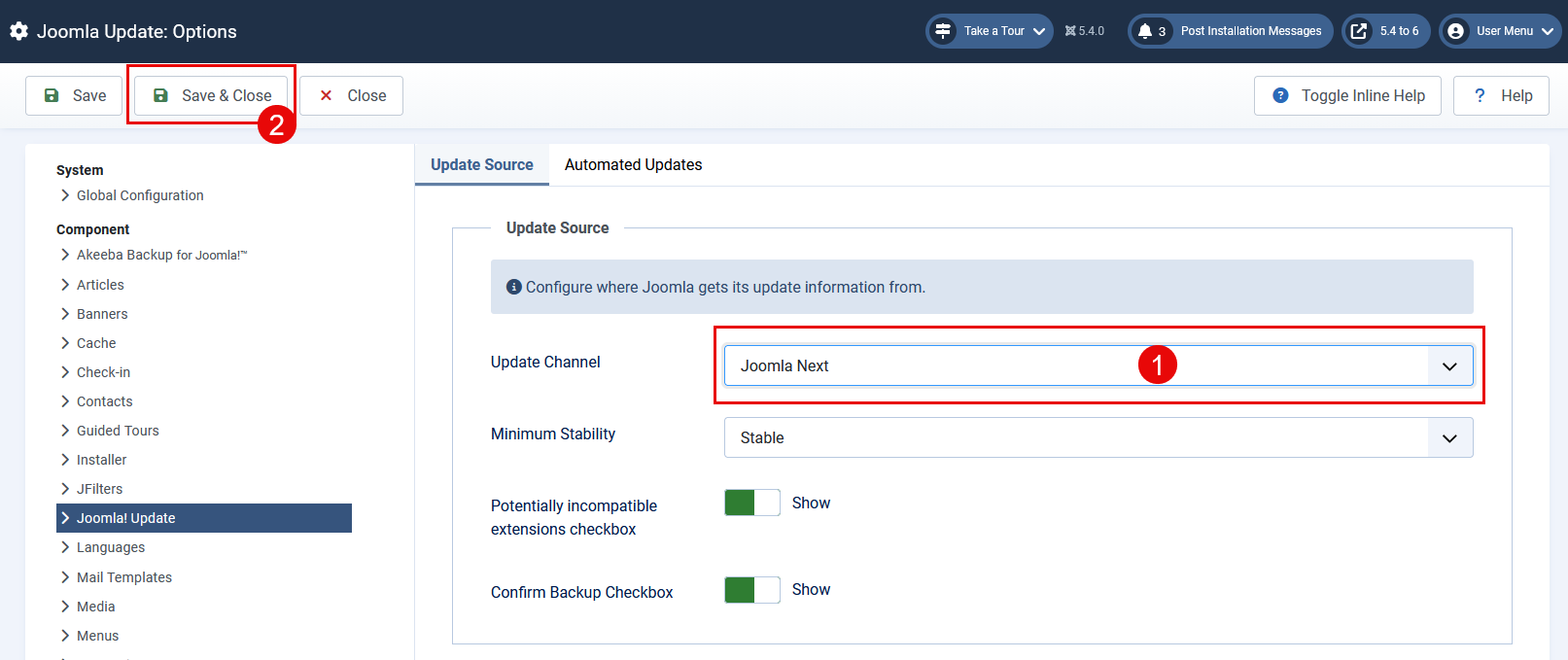 Change the Update Channel to Joomla Next