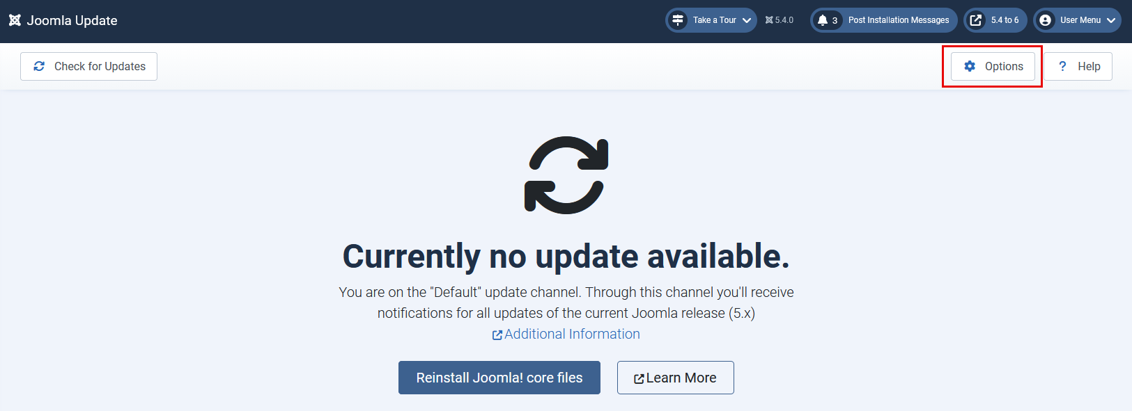 The Options button in the Joomla Update Component