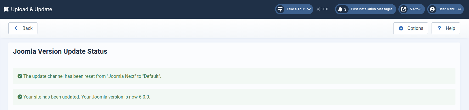 Successful upgrade screen