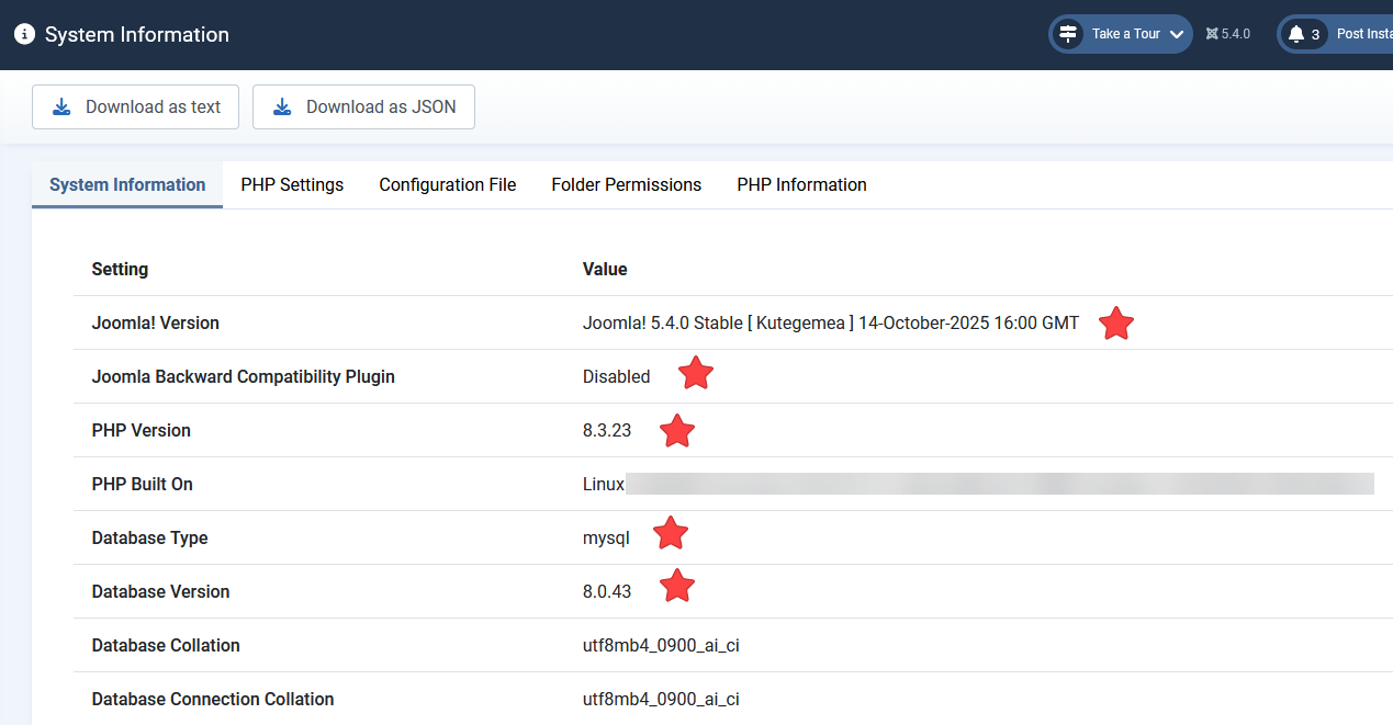 System Information Showing Joomla Version PHP Version DB Type DB Version BC Compatibility Plugin Disabled