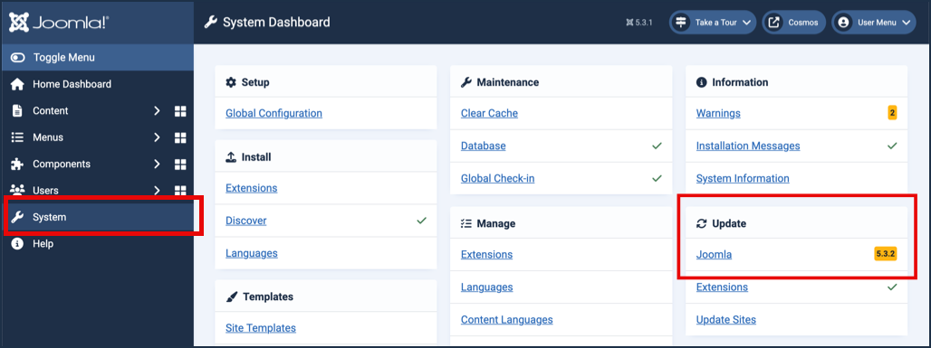 joomla update notification in system dashboard