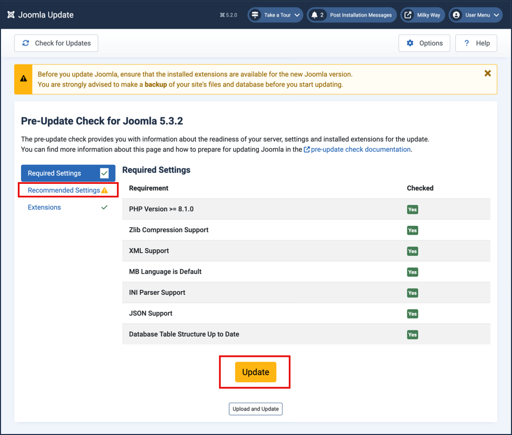 joomla pre update check