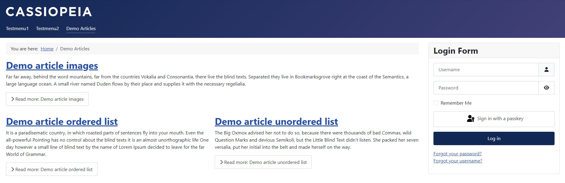 Screenshot Joomla category blog frontend view without images