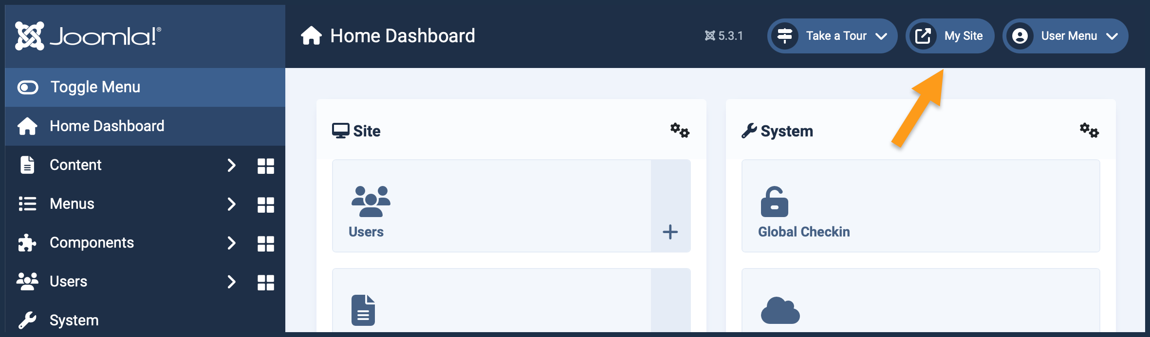 Screenshot of the admin dashboard highlighting the open-frontend link