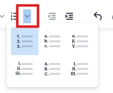 Screenshot of editor with ordered list options