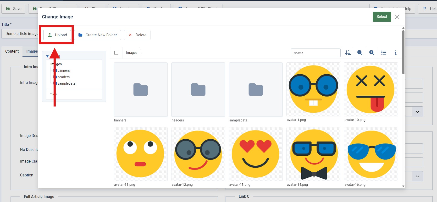 Screenshot of the image folder and the upload button