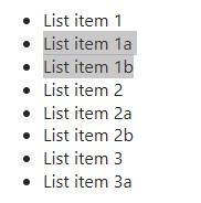 Screenshot of editor with selected sub-items in ordered list
